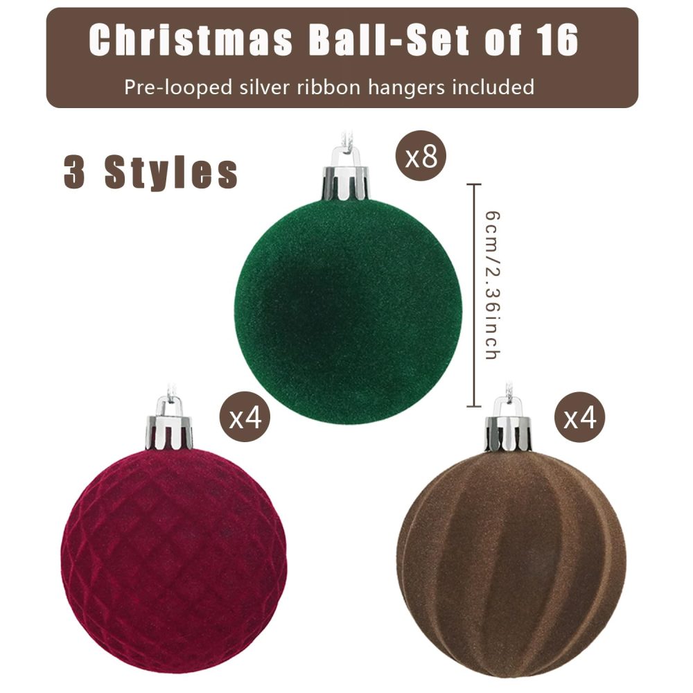 Miaikoe 16 Pcs Velvet Christmas Balls Hanging Ornaments Set, Pre-tied Shatterproof Plastic Flocked Christmas Balls Xmas Decorations Festival Holiday Party Decor (Brown,Red,Green,6CM) - Image 3