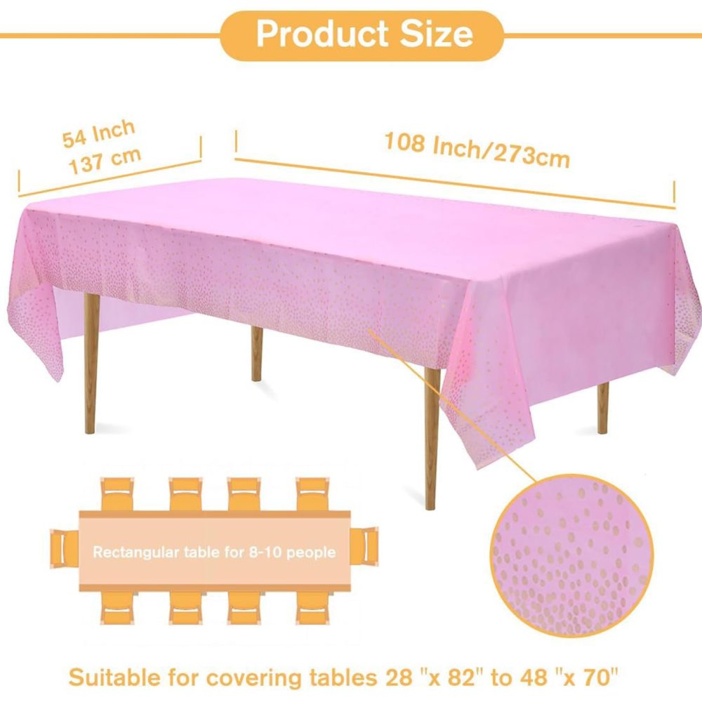 Kesfey 3 PCS Pink and Gold Polka Dots Plastic Tablecloths, Rectangle Disposable Table Covers Bridal Shower 54x108 Inch Table Cloths for Picnic Birthday Wedding Parties - Image 7