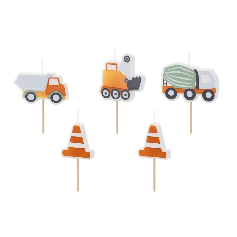 PartyDeco Construction Vehicle Birthday Candles, Digger Birthday Cake Candles, Boys Birthday Cake Decorations, Construction Truck Partyware x 6