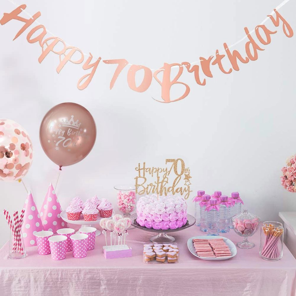 Happy 70th Birthday Banners Rose Gold Women 70th Birthday Banner Bunting Personalized Including 12 Pack 12” Latex Printed Balloons Women 70 Birthday Decorations Supplies - Image 5