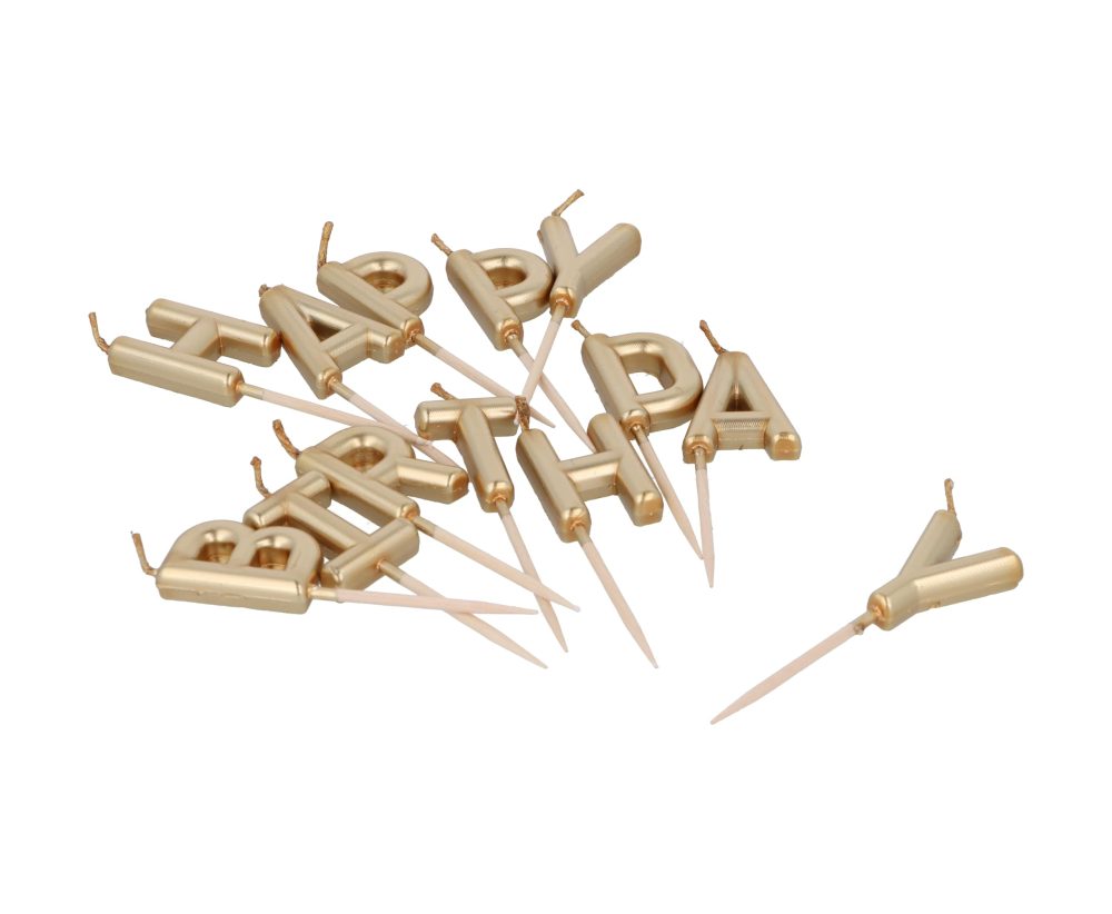 Henbrandt Pack of 13 Gold Happy Birthday Candles on Wooden Picks, Metallic Gold 7cm Lettered Happy Birthday Celebration Candles Cake Topper for Birthday Cake and Cupcake Decorations - Image 6