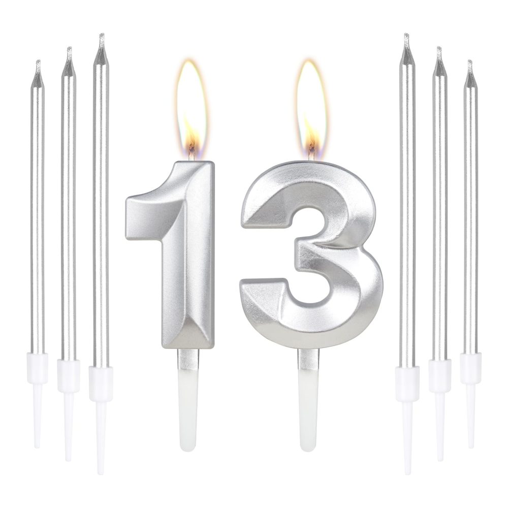 Silver 13rd Birthday Cake Candles,Number 13 Candles with 6pcs Long Candles,Silver Candles Birthday Cake Set, Cake Candles Decorations for Birthday Party Wedding Anniversary