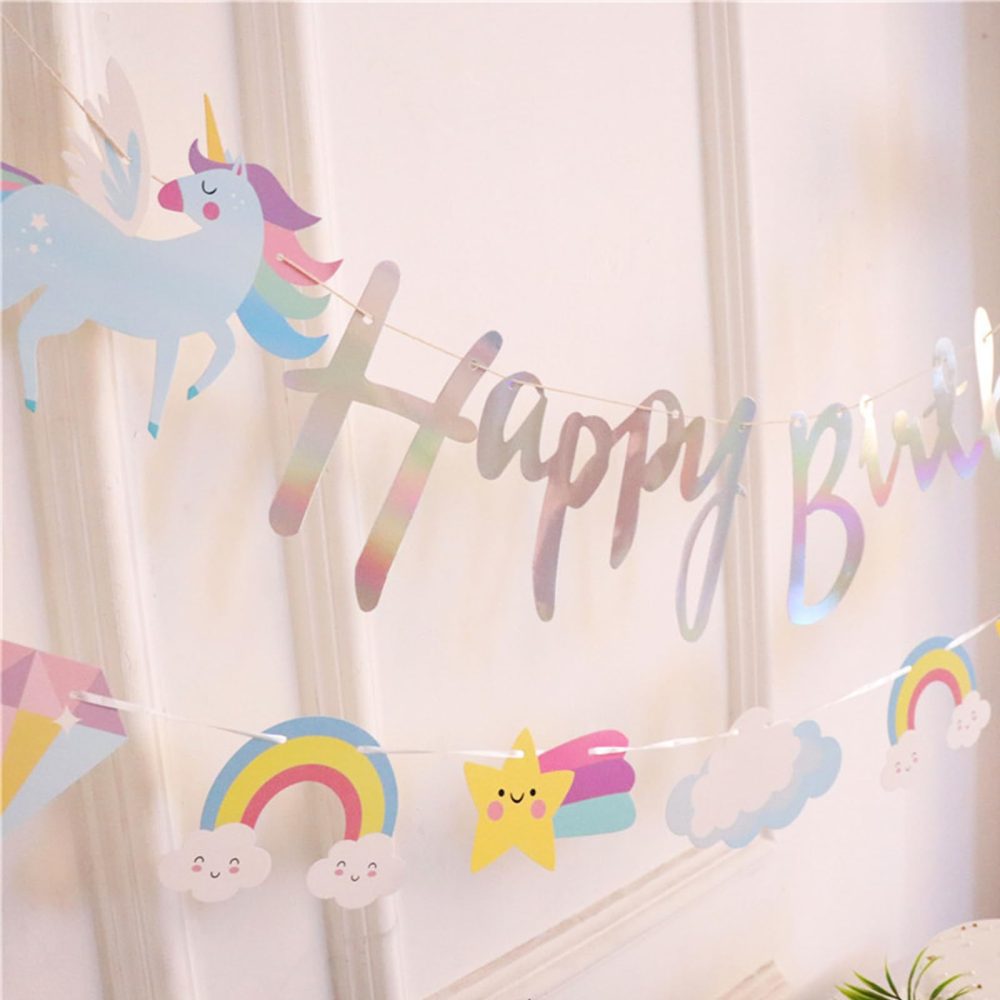 2 Pack Unicorn Party Decorations Rainbow Supplies, Personalised Cartoon Fairy Happy Themed Favors Bunting Banners with Sparkle Gold Glitter Unicorn Birthday Decorations for Kids Girls Wall Door Decor - Image 6