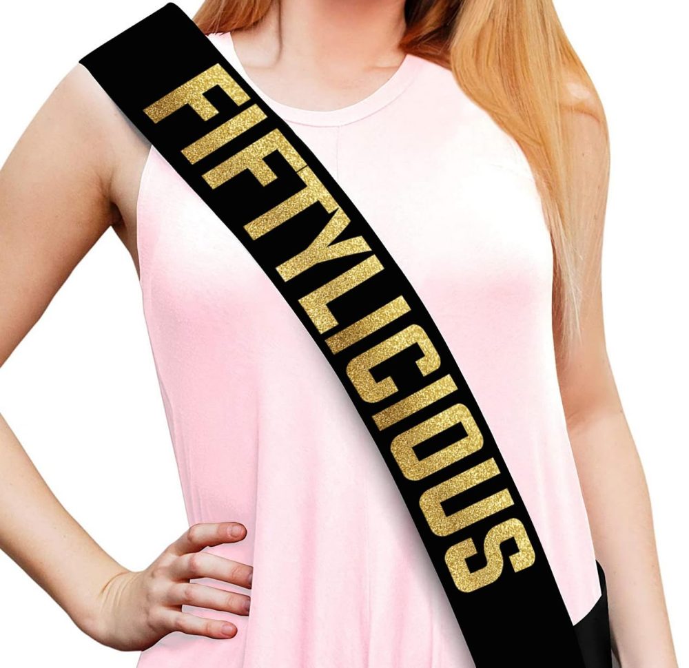Fiftylicious Black and Gold Glitter Satin Sash - Happy 50th Birthday Party Supplies, Ideas and Decorations