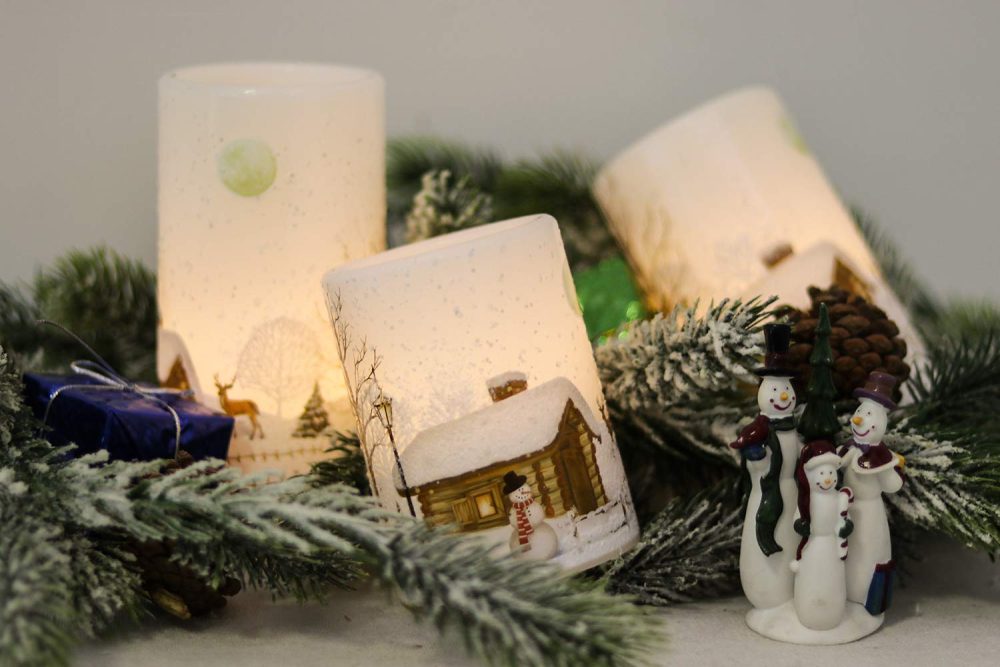 Eldnacele Christmas Flameless Candles Flickering with 6H Timer, 3 Pack Snow Scene Snowman Decal Real Wax Candles Lights LED Flames for Christmas Home Decoration Powered by 2 AA Batteries - Image 3