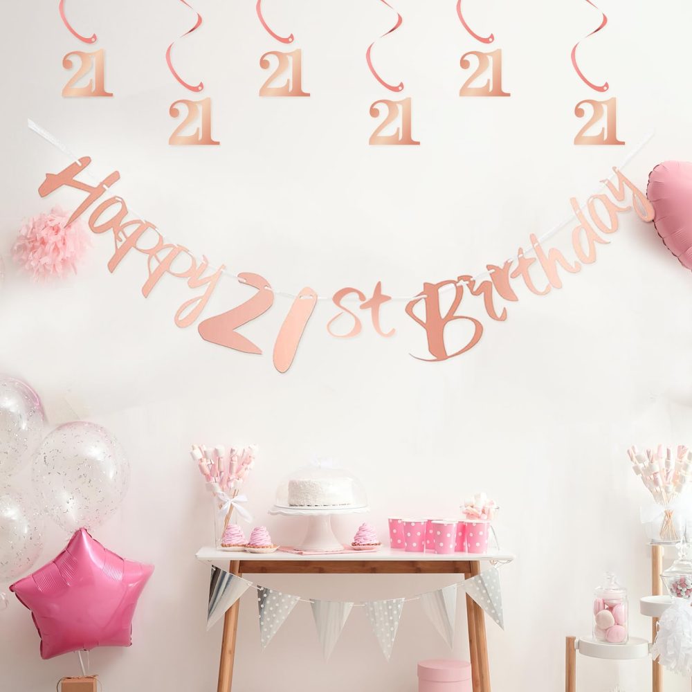 Bliceon 21ts Birthday Bunting Banner, Hanging Swirls Streamers, 21th Birthday Decorations Set for Girls 21 Years Old Birthday Decorations Party Decor - Rose Gold - Image 2