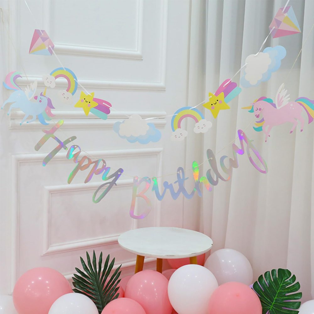 2 Pack Unicorn Party Decorations Rainbow Supplies, Personalised Cartoon Fairy Happy Themed Favors Bunting Banners with Sparkle Gold Glitter Unicorn Birthday Decorations for Kids Girls Wall Door Decor - Image 5