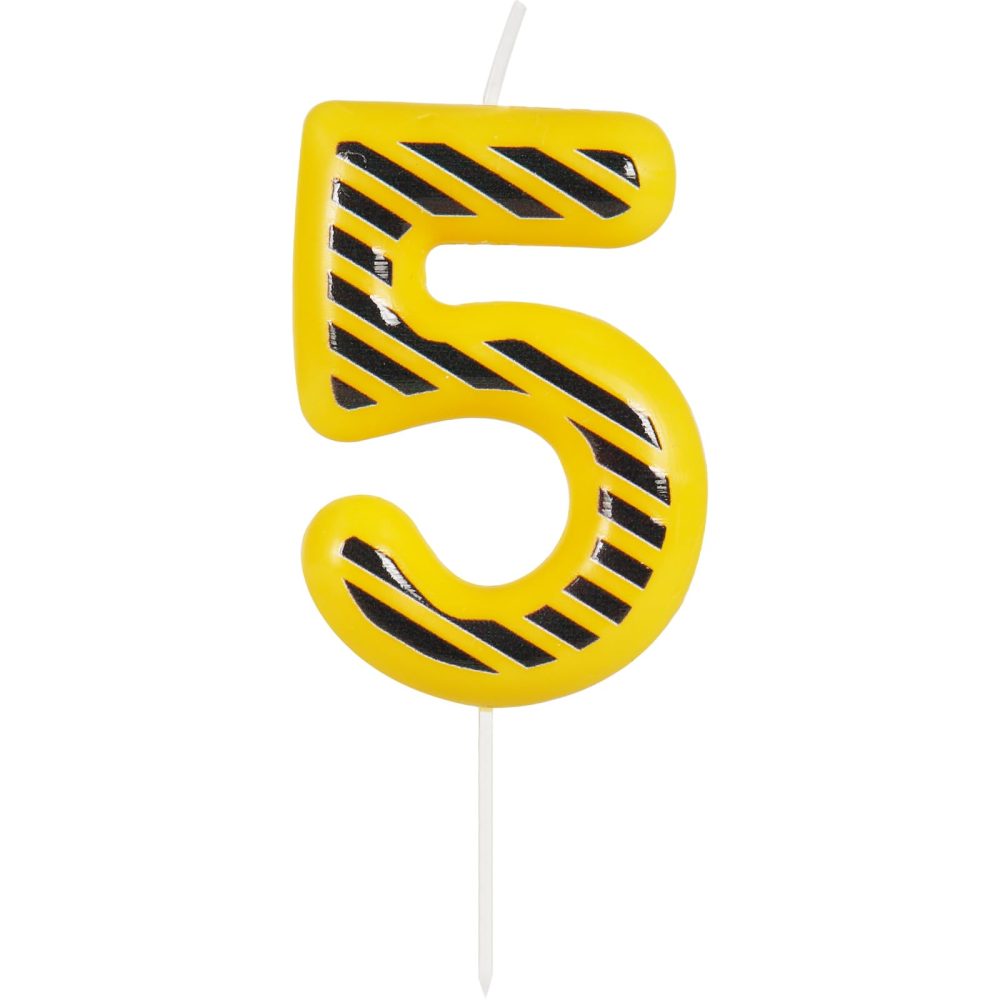 ZHIHUI Birthday Candle Construction Themed Birthday Party Decoration, Yellow and Black Striped Happy Birthday Cake Candle, Boys Girls Kids Birthday Cake Topper Reunions Theme Party Supplies (Number 5)