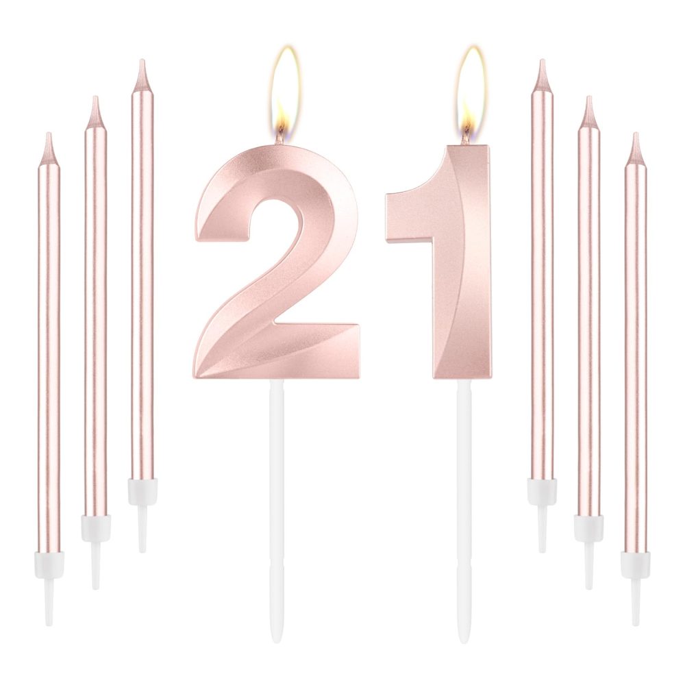 Rose Gold 21st Birthday Candles, Rose Gold Number 21 Candle, Rose Thin Long Candles, Happy Birthday Candle, Rose Gold Cake Topper for Girls Women Birthday Party, 21st Wedding Anniversary Decorations