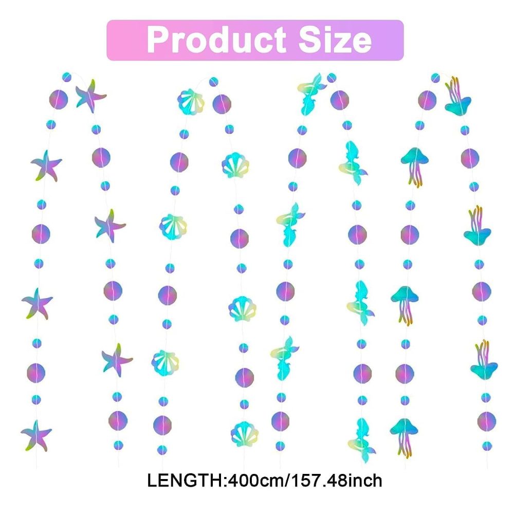 Dinghaole 52Ft Iridescent Mermaid Party Decorations-Bubble Pearl Starfish Seashell Jellyfish Garland-Ocean Under The Sea Theme-Baby Shower Birthday Party Supplies-Holographic Paper Bunting Streamers - Image 7