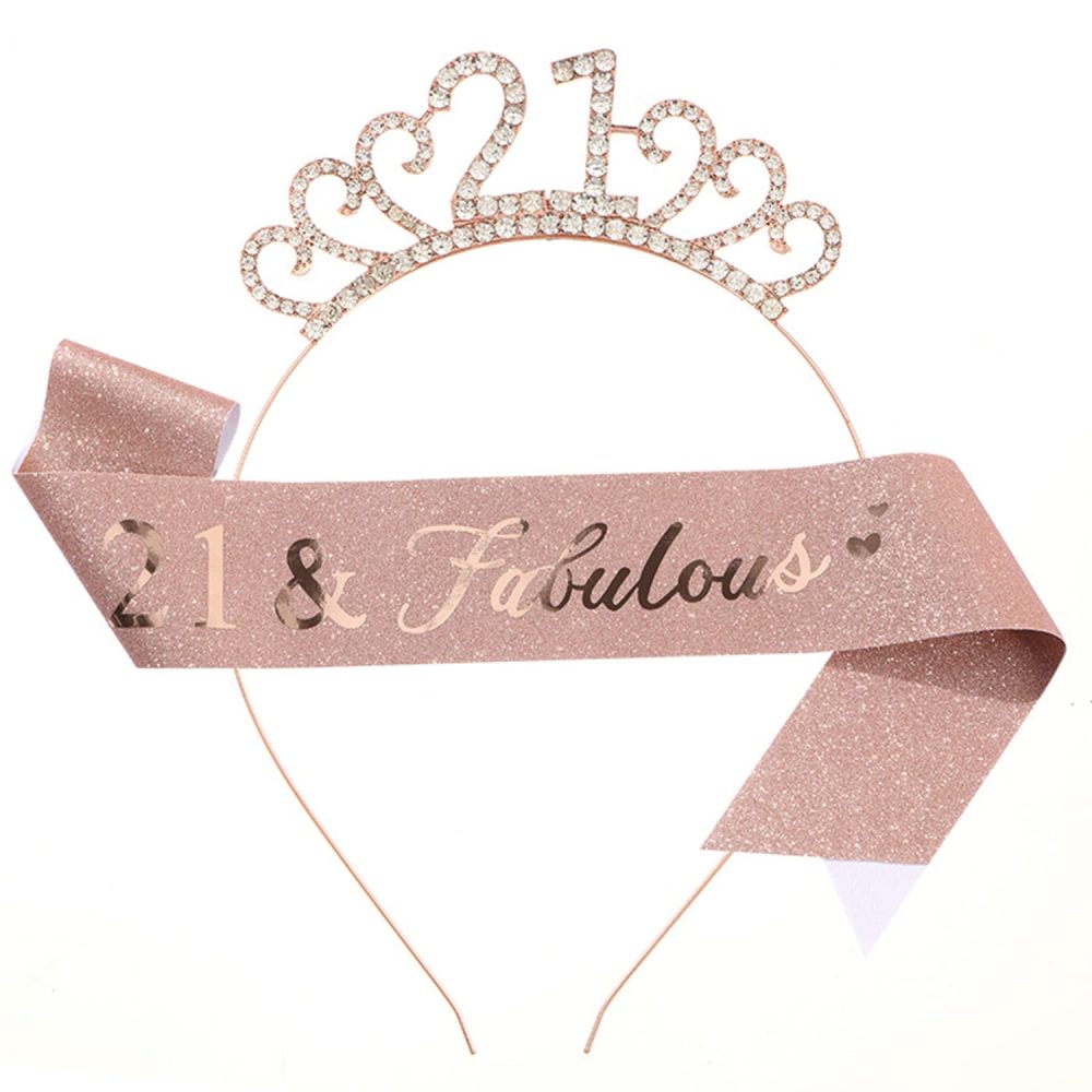 CHTENG Rose Gold Happy Birthday Sash and Tiara Rhinestone Crown Headband for Birthday Party Supplies (21th)