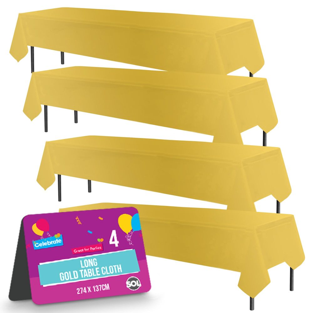 4pk Long Gold Table Cloth Party | 274 x 137cm | Plastic Table Cover Party Table Cloth Disposable Tablecloths for Parties | Plastic Tablecloth | Gold Disposable Tablecloth | Gold Plastic Table Cloth