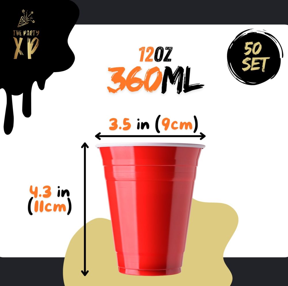 The Party XP Premium 50 Plastic Red Cup Set (12oz) – Reusable American Style Red Party Cups for All Occasions and Business – Red Plastic Cups for BBQs, Weddings, Picnics, and Events - Solo Cups - Image 4