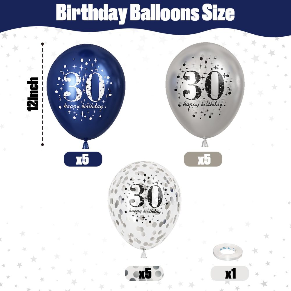Blue Silver 30th Birthday Latex Balloons, Navy Blue Silver Happy 30th Birthday Party Decorations for Men, 15 Pcs 30th Balloons for Him Age 30 Years Old Birthday Celebration Party Decorations Supplies - Image 8