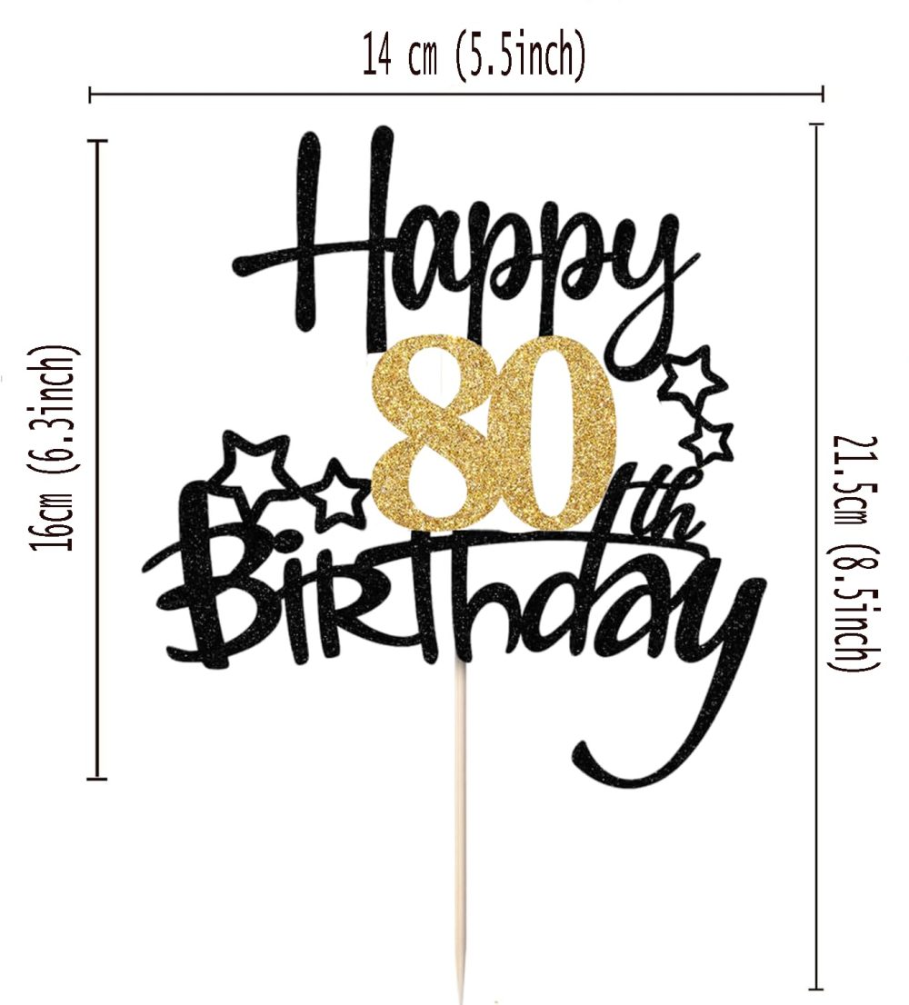 JEKUGOT 80th Birthday Cake Toppers, Black and Gold Glitter Cake Decorations, Happy 80th Birthday Cake Toppers for Men and women Themed Party (1pcs) - Image 2