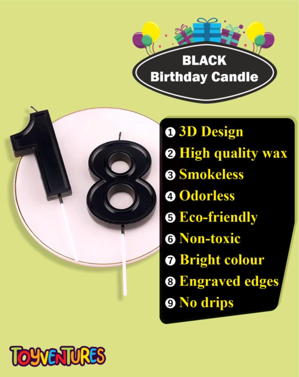 TOYVENTURES Black Number Birthday Candle 3D Designed Cake Topper Decorations for Happy Birthday Candles Wedding Anniversary (Number 2) - Image 3