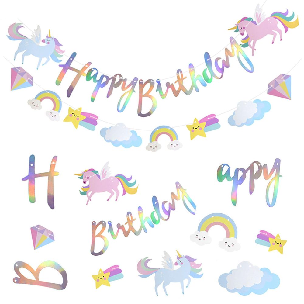Happy Birthday Decorations Kit,Unicorn Happy Birthday Banner Party Decoration Rainbow Unicorn Themed Party Supplies Bunting Banners,Sparkle Gold Glitter for Kids Girls Birthday Wall Door Decoration