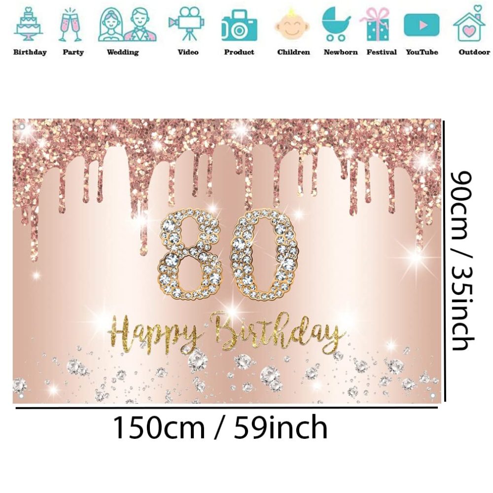 Happy 80th Birthday Decorations Backdrop Banner for Women Happy 80 Years Old Party Sign Poster Woman 80th Birthday Rosegold Photography Background 80th Birthday Party Supplies, 150x90cm - Image 2