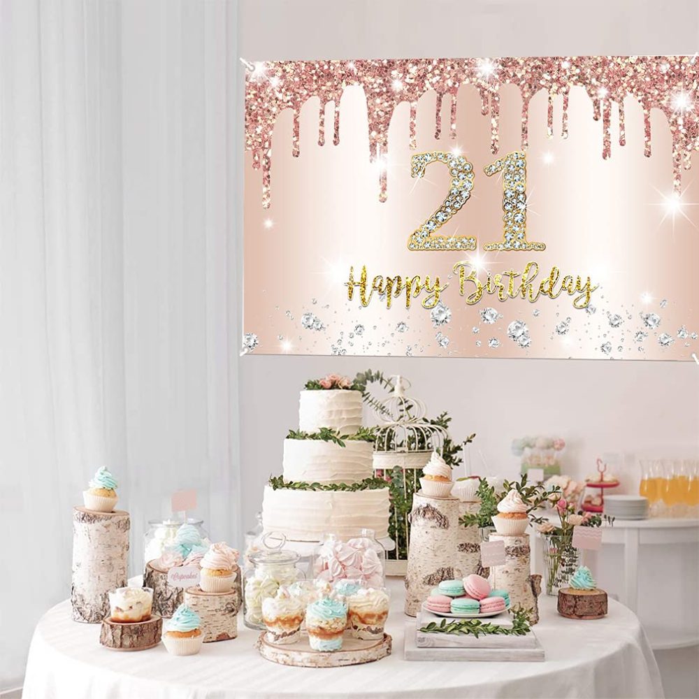 Happy 21st Birthday Party Decoration Backdrop Banner for Women, 21 Years Old Fabric Sign Poster, Rosegold Photo Background 21st Birthday Decotaions Party Supplies, 150x90cm - Image 5