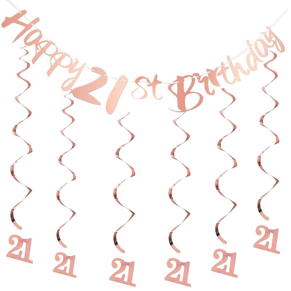 Rose Gold 21st Birthday Party Decorations Set for Women,Happy 21st Birthday Banner, Bunting Banner, Hanging Swirls, Streamers, Anniversary Backdrop
