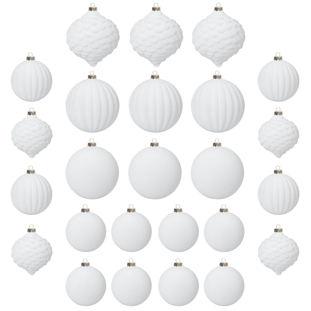 KI Store White Velvet Christmas Balls 25pcs Shatterproof Flocked Christmas Tree Ornaments Assorted for Xmas Tree Decorations