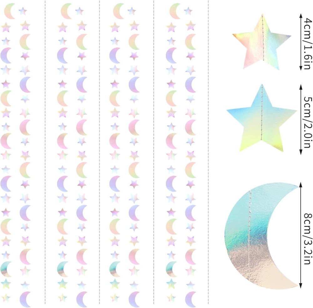 OURUOLA Iridescent Disco-Holographic Party-Decorations Moon-Star Garland - 62Ft Twinkle Little Star Hanging Neon Streamers Banner,Eid Ramadan Mubarak Decoration Birthday Wedding Baby Shower Decor - Image 7