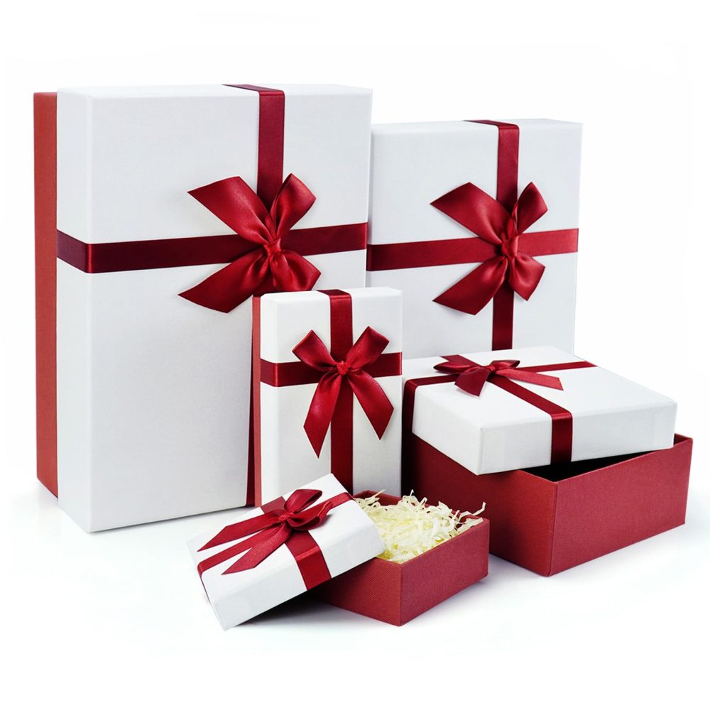 Gift Boxes for Present, 5 Luxury Gift Boxes with Lids, Gift Boxes with Ribbon for Mother's Day, Birthday, Weddings, Bridesmaids Proposal, etc.(Red/White)