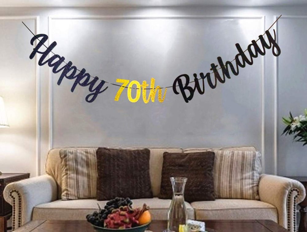 bng-bng 70th Happy Birthday Banner Black and Gold 70th Birthday Bunting Glitter Letter Garland for 70 years old Birthday Party Decorations Backdrop - Image 3