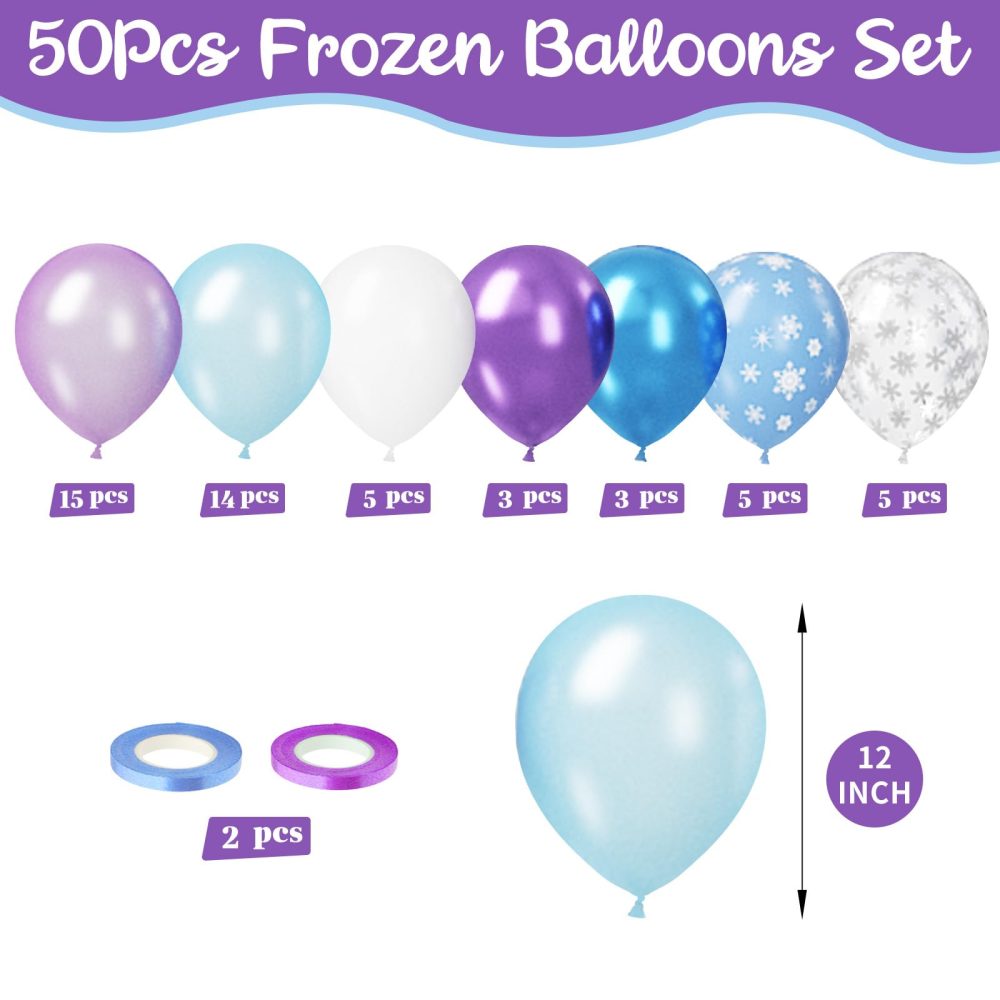 Paready Frozen Balloons Set, 50Pcs Purple Blue Snow Print Balloons, 12 Inch Metallic Pearl Light Purple Blue White Balloons Blue Snow Print Balloons for Winter Theme Frozen Birthday Party Decorations - Image 8