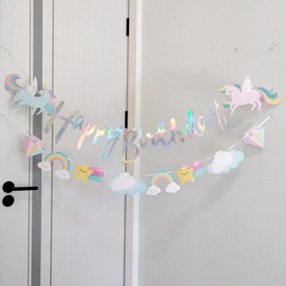 2 Pack Unicorn Party Decorations Rainbow Supplies, Personalised Cartoon Fairy Happy Themed Favors Bunting Banners with Sparkle Gold Glitter Unicorn Birthday Decorations for Kids Girls Wall Door Decor - Image 3