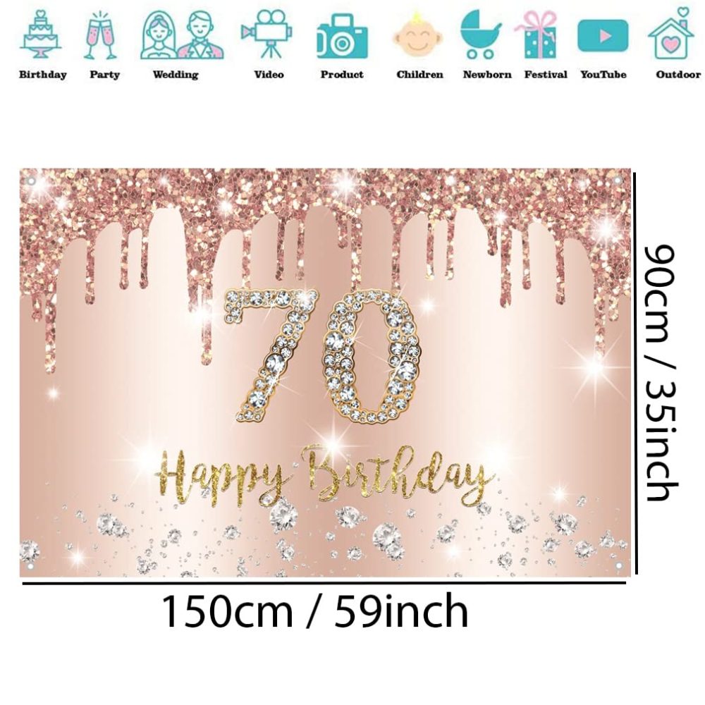Happy 70th Birthday Decorations Backdrop Banner for Women Happy 70 Years Old Party Sign Poster Woman 70th Birthday Rosegold Photography Background 70th Birthday Party Supplies, 150x90cm - Image 2