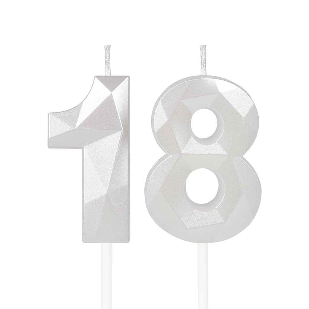 White 18th Birthday Candles for Cake, Number 18 Candle for 18th Birthday Decorations, 3D Design Cake Topper Decor for Boy Girl Women Men Birthday Theme Party Weddings Anniversary Celebration Supplies