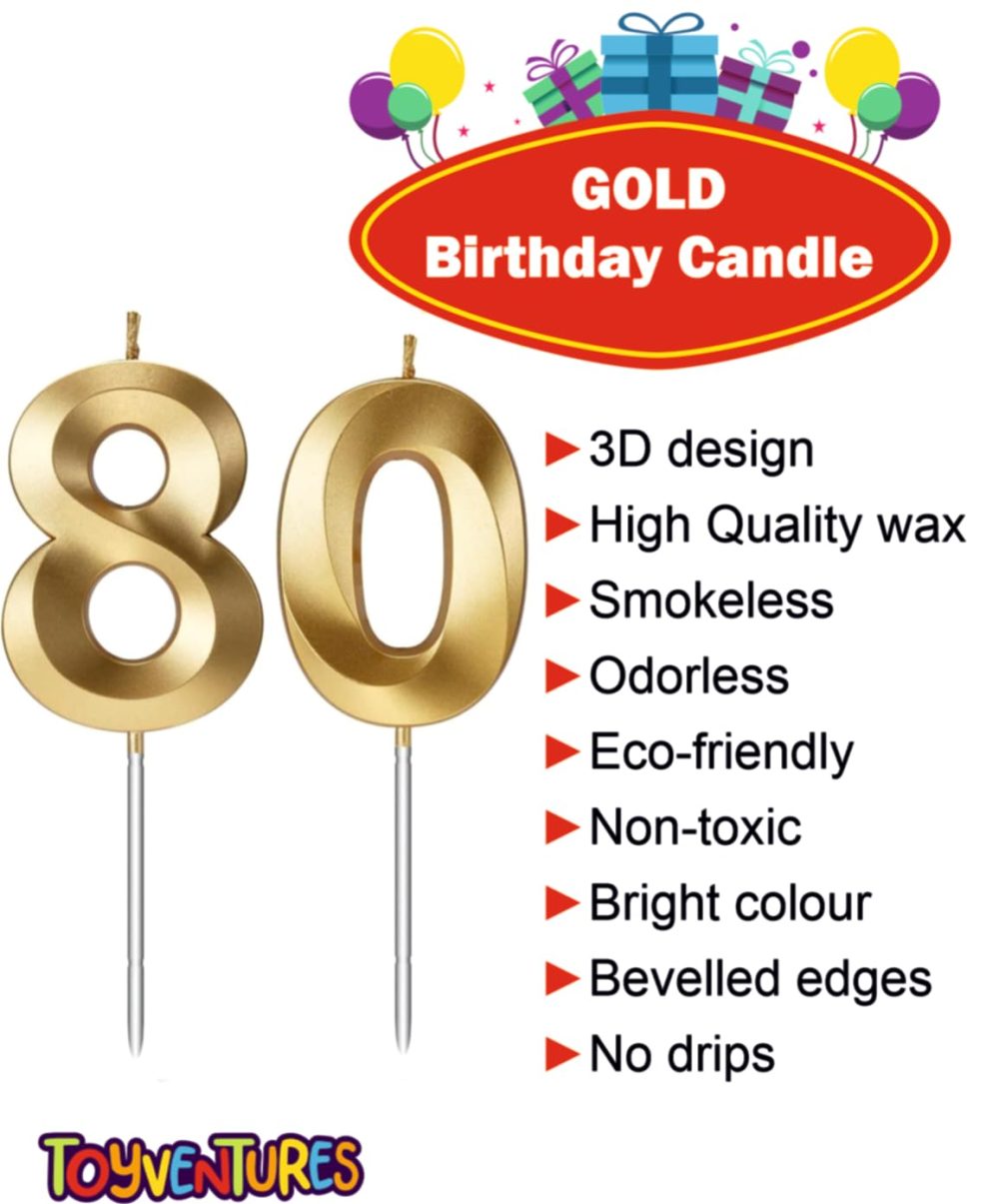 Birthday Candles Number Candles Age Year for Cakes Happy Birthday 3D Designed Wedding Anniversary Party Cake Topper Decorations (Gold, 80) - Image 8