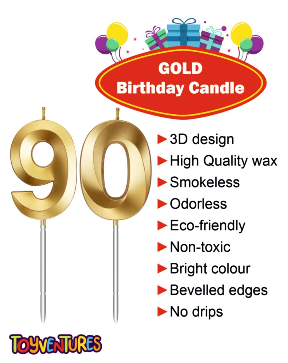 Birthday Candles Number Candles Age Year for Cakes Happy Birthday 3D Designed Wedding Anniversary Party Cake Topper Decorations (Gold, 90) - Image 8