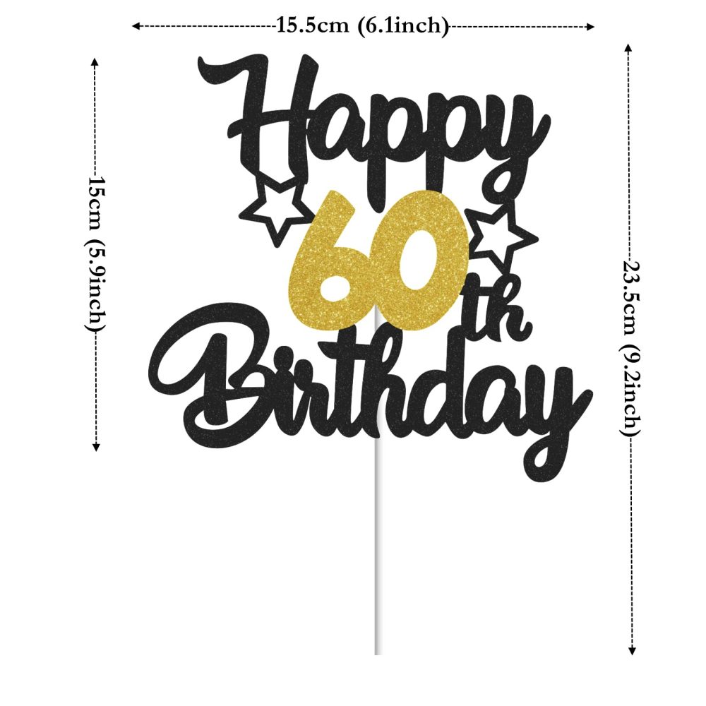 Gidobo 60th Birthday Cake Toppers, Black Gold Glittery Cake Decorations with Stars, Sixty Years Old Birthday Party Supplies for Men and Women - Image 7