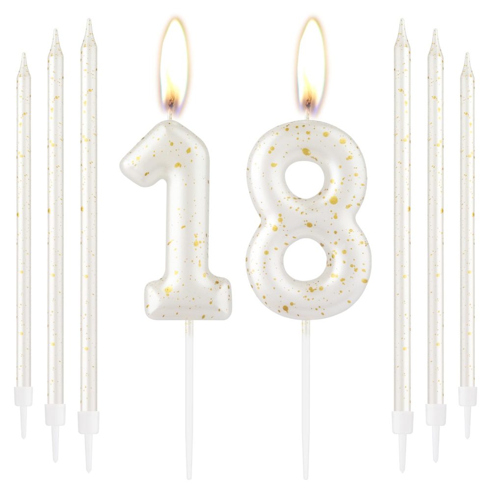 White Gold Happy 18th Birthday Candle, Gold Number 18 Candles for Birthday Cake, White Gold Birthday Candle Cake Topper for Boys Girls 18th Birthday Cake Decorations, Wedding Anniversary Supplies
