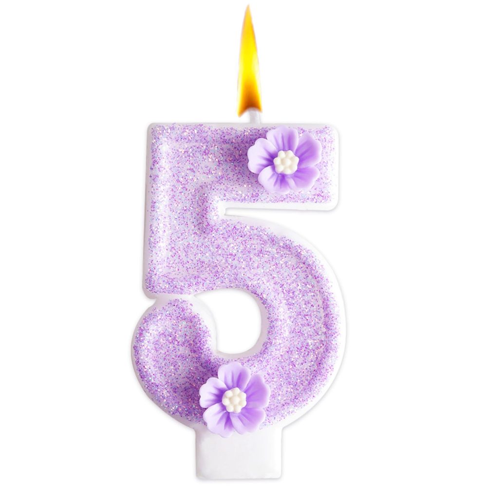 DAJISI Birthday Candles, 2.95 Inch Birthday Candles for Cakes Purple Number Candles for Cakes with Flowers for Birthday Party Wedding Anniversary Celebration Supplies (Number 5)