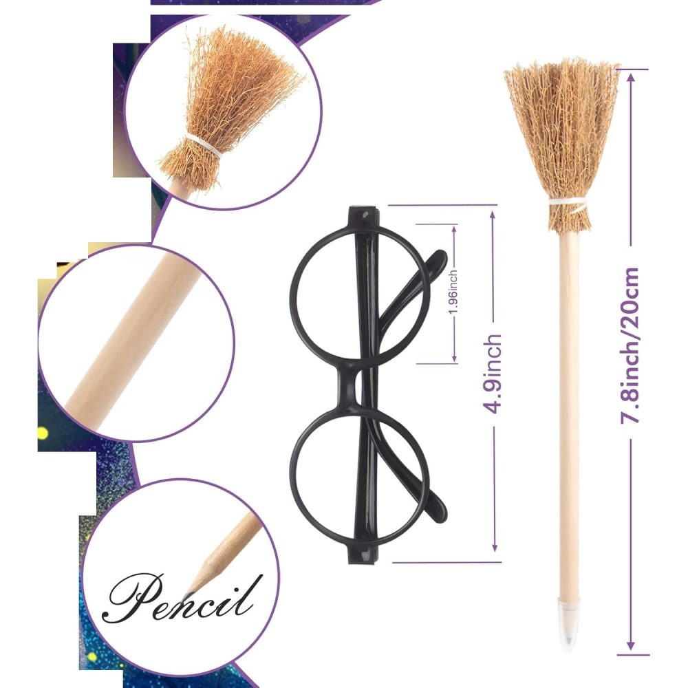 60pcs Wizard Party Supplies Kit -Wizard Glasses with Round Frame No Lenses,Witch Broom Pencil,Magic Wand Pencil,Lightning Bolt Scar Temporary Tattoo for Birthday, Halloween, Cosplay Party Decor - Image 4