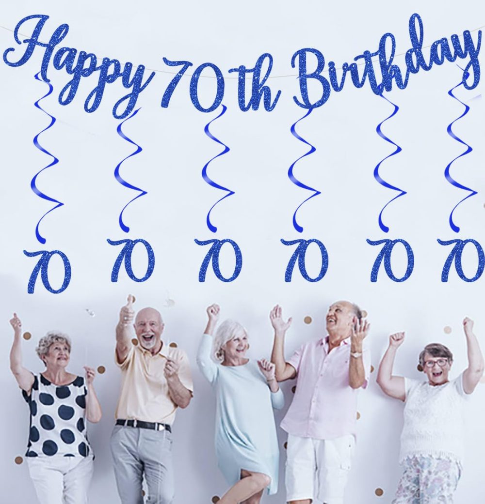 Elicola 70th Birthday Party Blue Decorations Happy 70th Birthday Bunting Banner With 8PCS number 70 Hanging Swirls Streamers for Womens Birthday Anniversary Party Decor Supplies Blue - Image 2