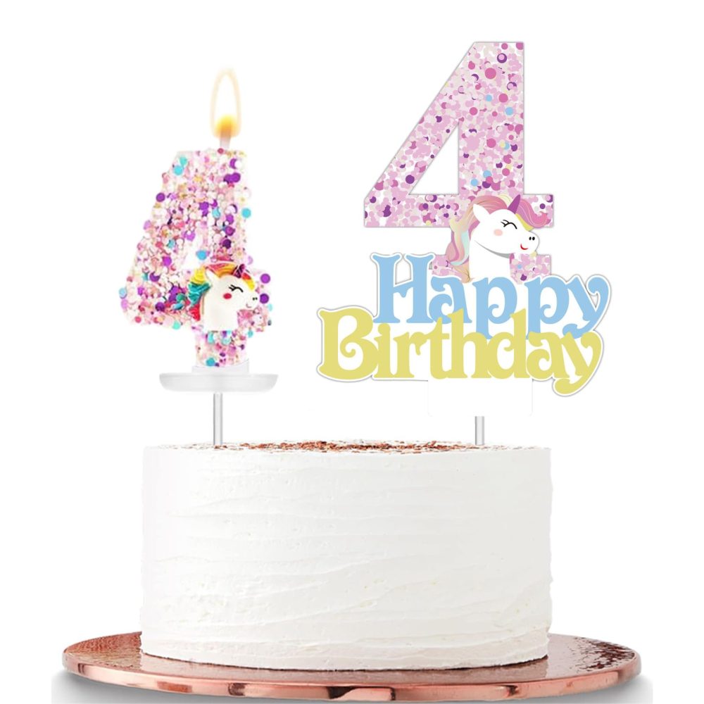 Unicorn 4th Birthday Cake Topper with Number Candle 4 Unicorn Candles Cake Decorations for Girls Kids,Happy 4th Birthday Unicorn Theme Party Candles Cake Cupcake Topper for Boys Girls 4th Birthday