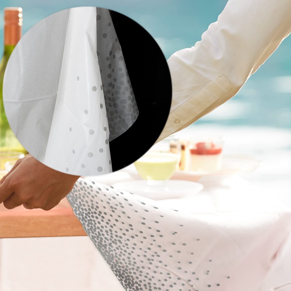 3pcs Party Disposable Tablecloths Silver Dot White Table Cover, 54*108inch Rectangular Disposable Plastic Tablecloth for Party,Christmas,Wedding,Picnic,Hen,Boys Girls Birthday Party Paper Table Cloth - Image 3