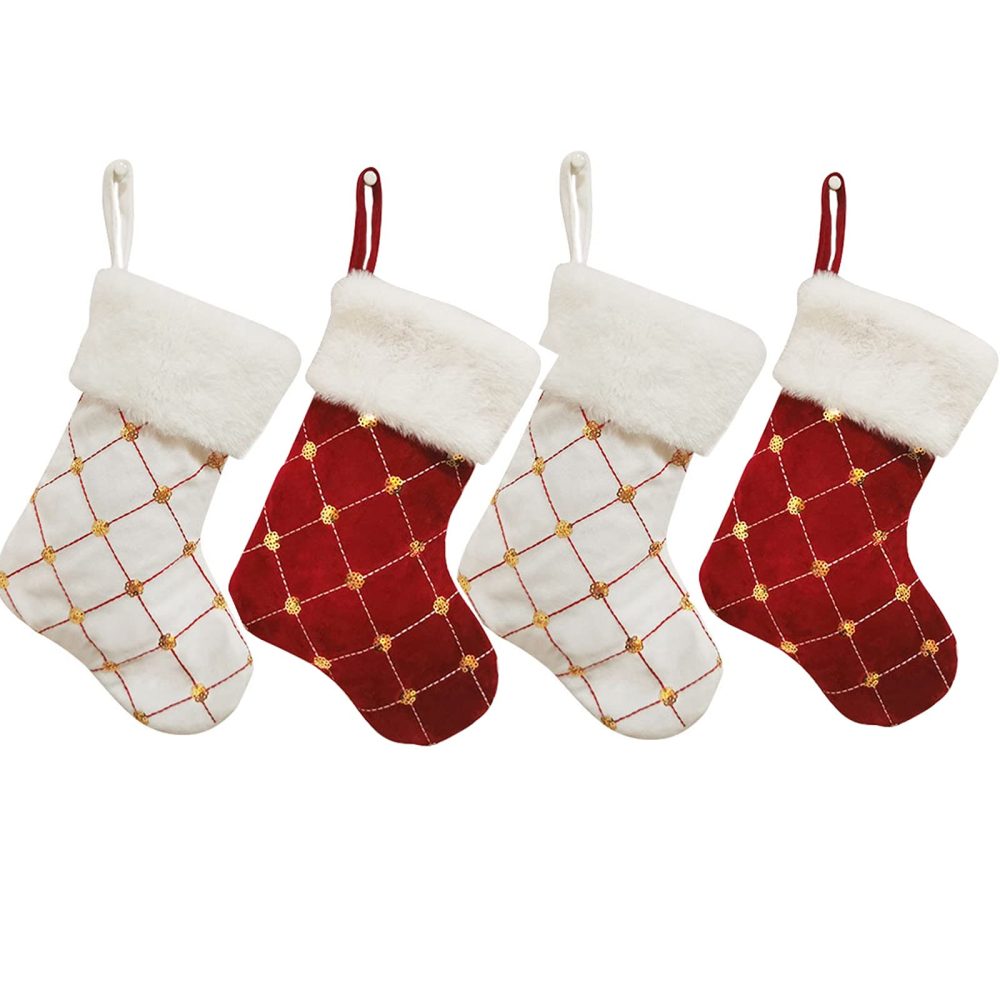 HANTURE Christmas Stockings 4 Pack for Family 9 Inch Mini Embroidery Gold Sequins Christmas Stockings White Luxury Faux Fur Xmas Stocking for Xmas Tree Holiday Party Decoration
