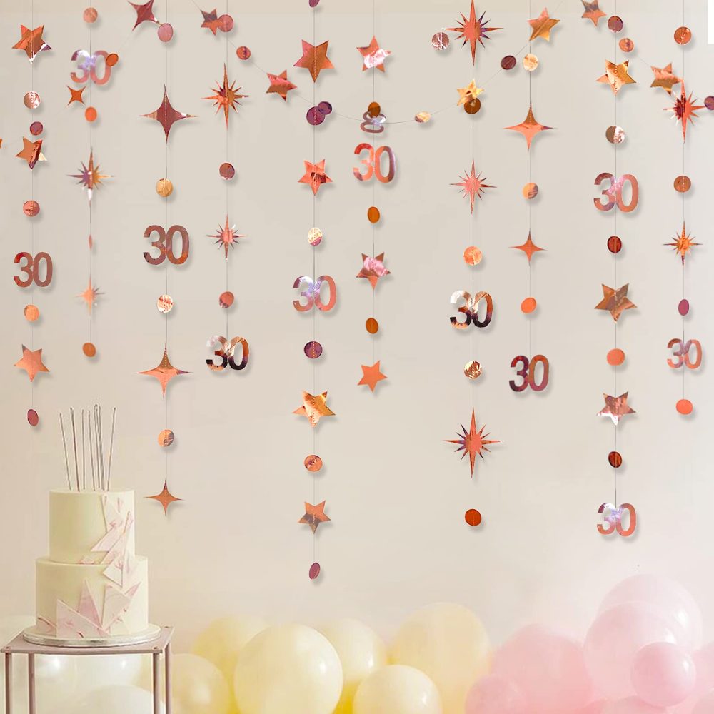 Rose Gold 30th Birthday Garlands Decorations Number 30 Circle Dot Twinkle Star Banner Metallic Hanging Streamer Bunting Backdrop for Her 30 Years Old Birthday Thirty Anniversary Party Decor Supplies - Image 3