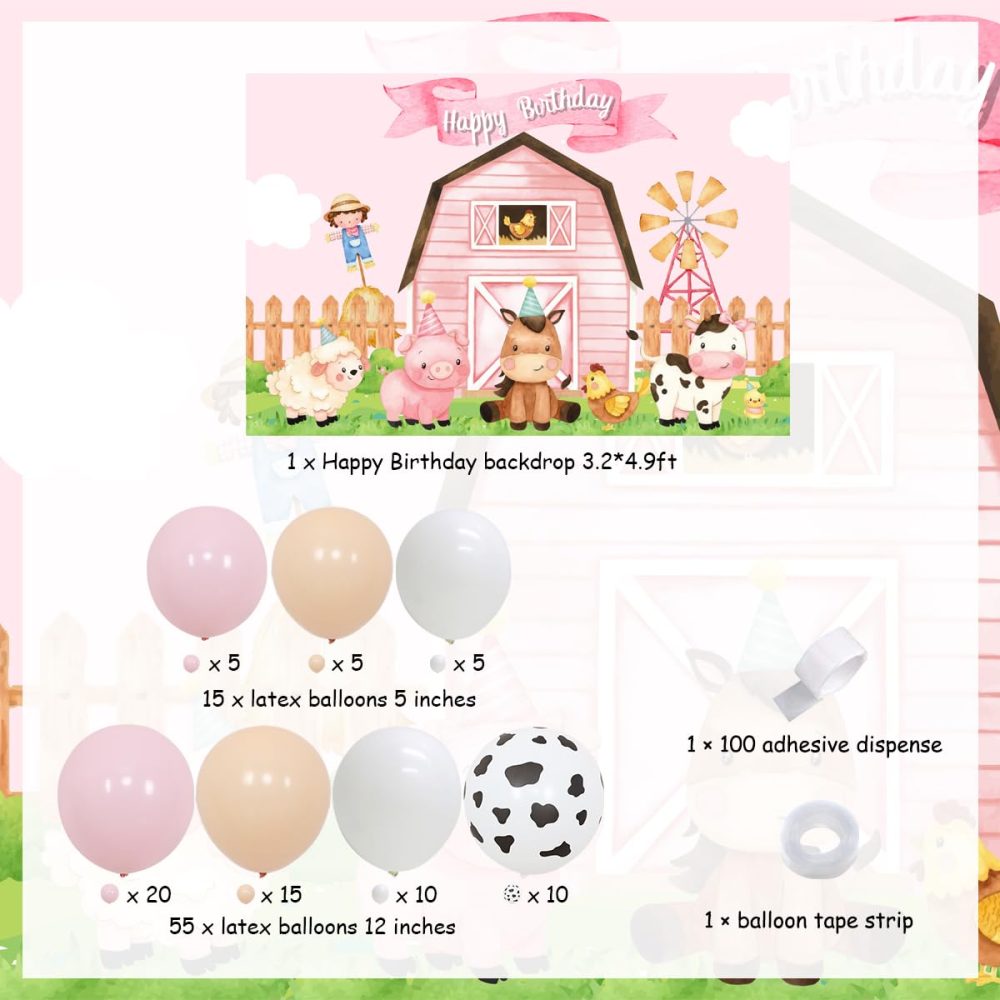 JOYMEMO Farm Animals Birthday Decorations for Girls, Cow Print Pink Balloon Garland Arch Kit, Farmhouse Barnyard Party Supplies with Backdrop for 1st 2nd Birthday - Image 2