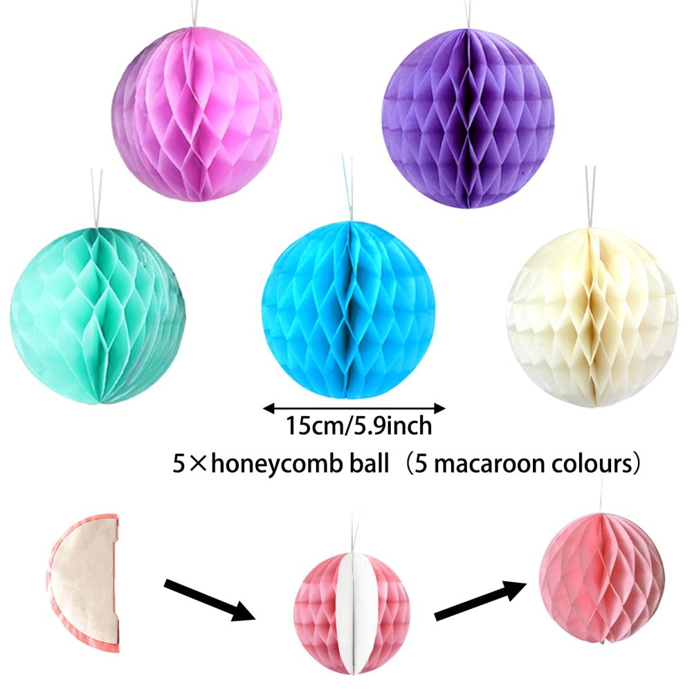 Pastel Birthday Party Decorations,Macaron Happy Birthday Banner ,Bunting,Hanging Paper Fans, Pom Poms,Honeycomb Decorations Set For Girls And Womens - Image 5