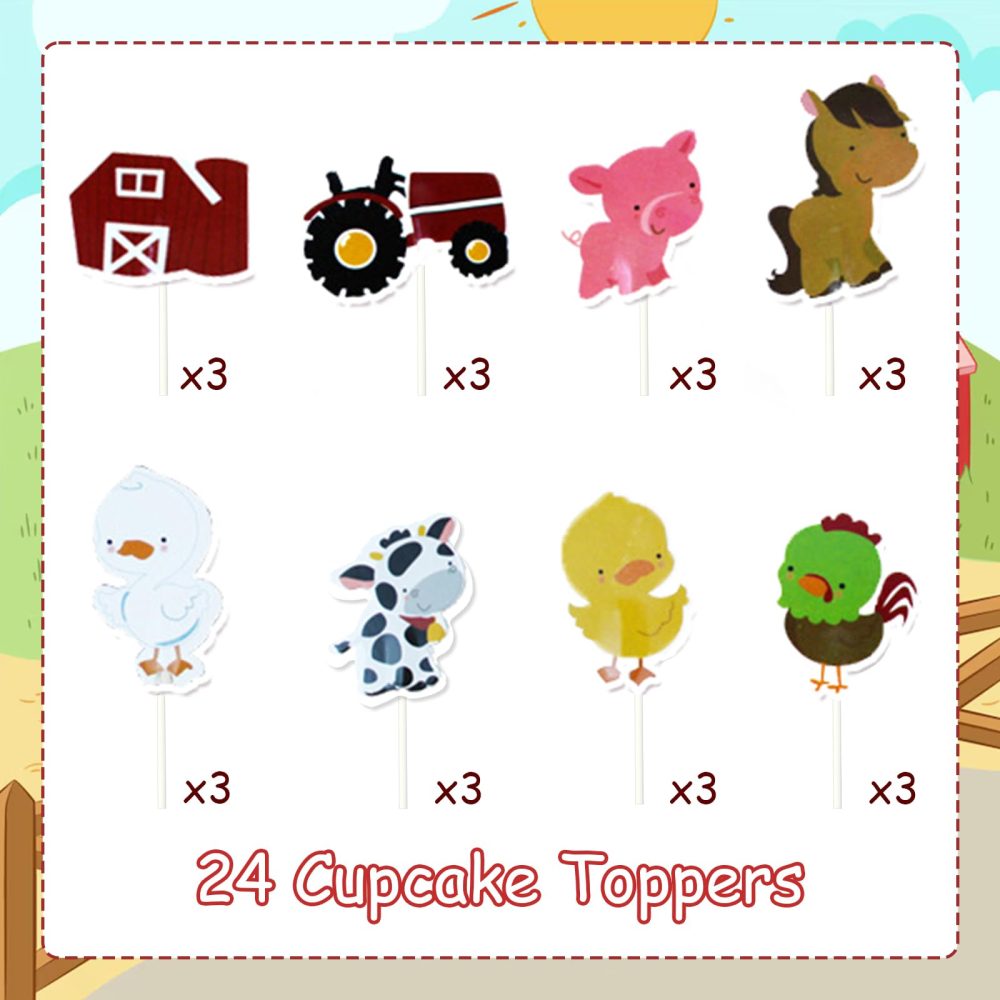 JOYMEMO Farm Animal Party Decorations, Barnyard Cupcake Topper(Duck Chicken Cow Sheep Pig Donkey) for Kids 1st 2nd 3rd Birthday, Baby Shower Party Supplies - Image 2