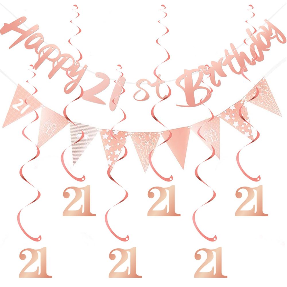 Melhope 21st Birthday Party Decorations Rose Gold Happy Birthday Bunting Banner Triangle Flags with 6pcs Hanging Swirls Streamers for Girl Women Party Decor Supplies