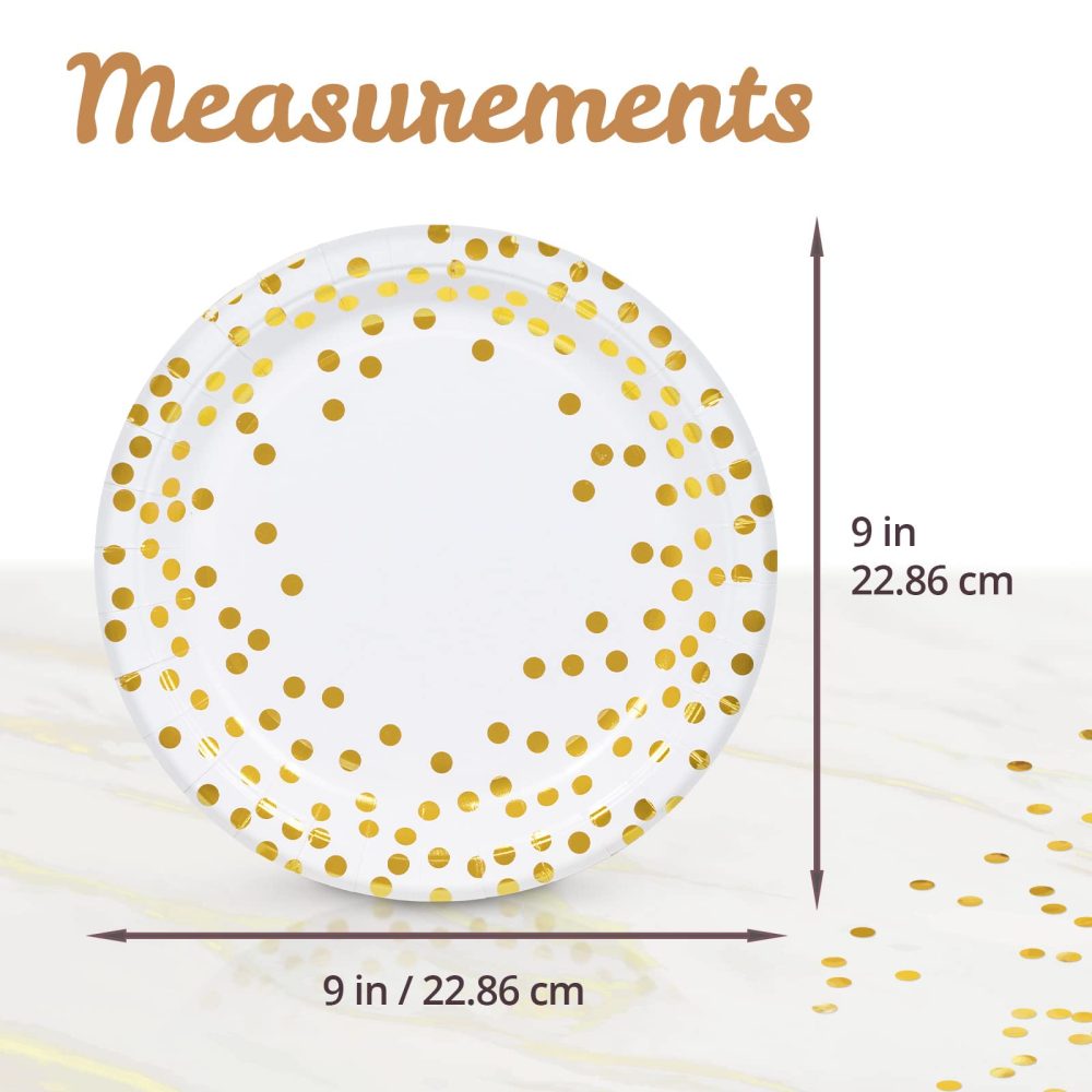 MATICAN Party Paper Plates, 50-Pack Disposable White and Gold Plates, Foil Polka Dots, 9-Inch - Image 5