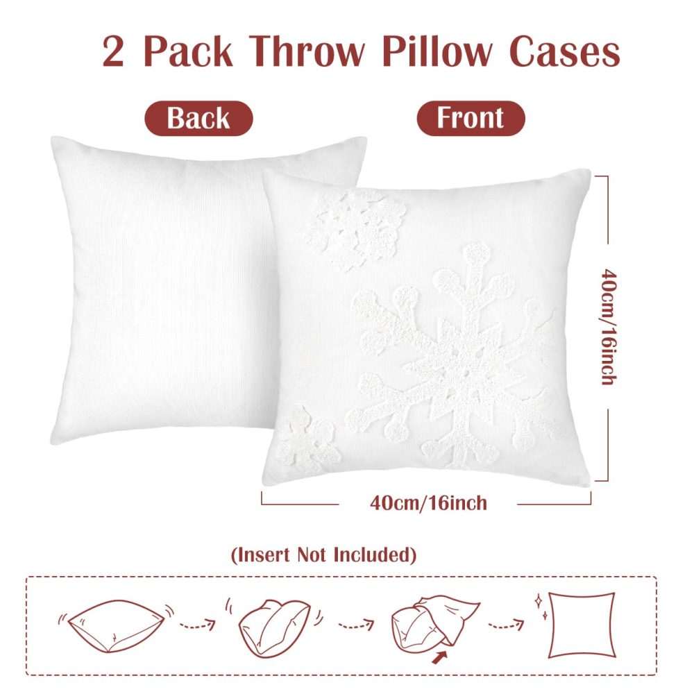 Lewondr Christmas Throw Pillow Cover, 2 Pack Snowflake Embroidery Decorative Throw Pillow Case Linen Sofa Cushion Cover for Party Thanksgiving Day Xmas Decor 16"x16"(40x40cm) - White - Image 2