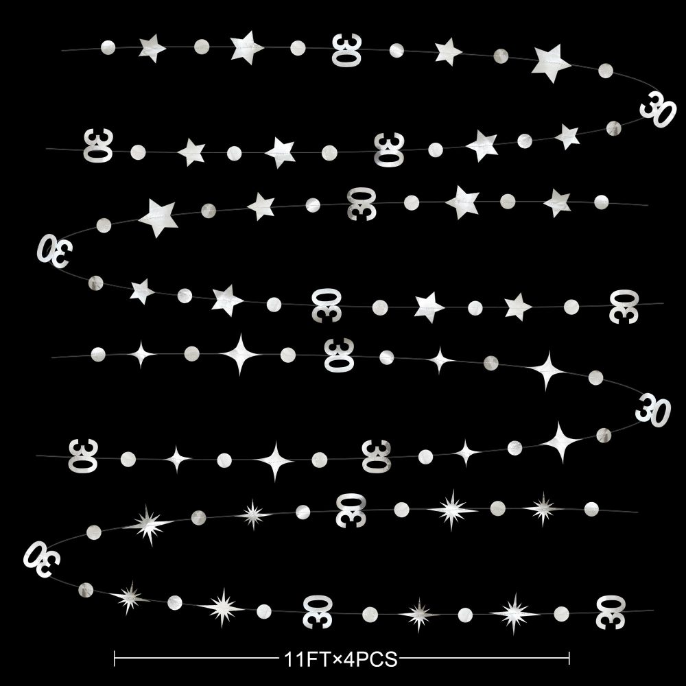 Silver 30th Birthday Decorations Number 30 Circle Dot Twinkle Star Garland Metallic Streamer Banner Backdrop for Mens Womens Happy Dirty Thirty Cheers to 30 Years Old 30th Anniversary Party Supplies - Image 6